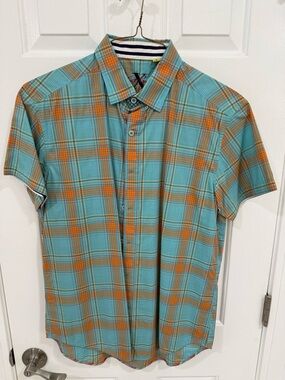 Robert Graham Teal & Orange Plaid Short-Sleeve Button-Down Shirt
